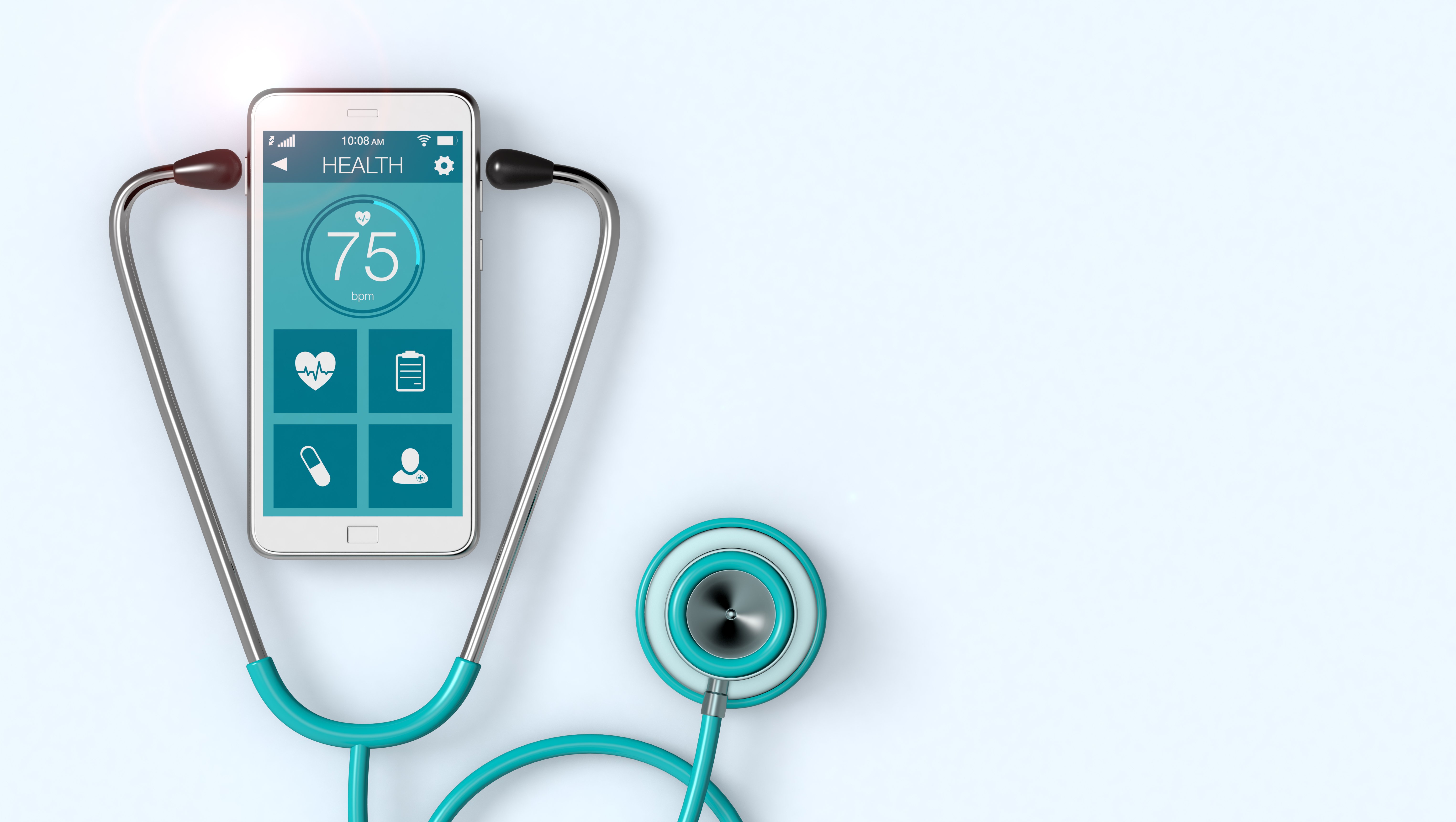 Stethoscope wrapped around a cell phone for with health stats on the screen